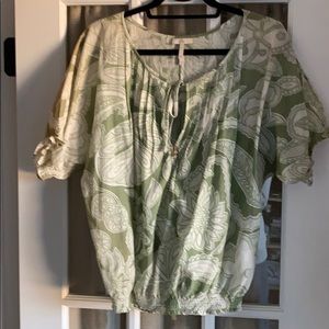Joie Short Sleeve, Moss Green & White Top, Medium.
